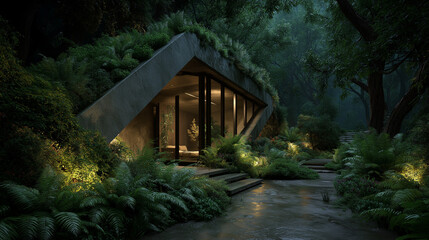 Modern Tranquility: An alluring image of a contemporary home seamlessly blending with the surrounding environment, captured in a serene and enchanting setting, evoking feelings of calm and peace.