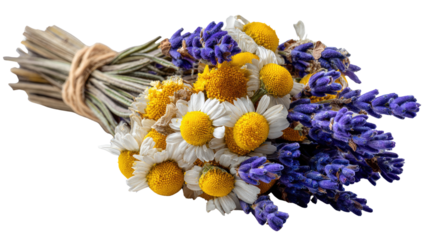 Floral Harmony: A delicate and inviting arrangement of dried chamomile and lavender flowers, thoughtfully bound with twine. Showcasing a blend of organic textures and vibrant hues. 