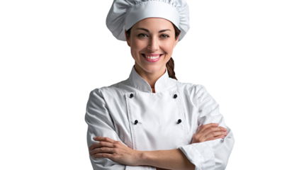 Confident Female Chef: A smiling female chef, wearing a pristine white chef's uniform and toque, confidently stands with her arms crossed. Her expression conveys skill, passion.