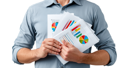 Business Report Analysis: An image showing business man holding financial reports, capturing the essence of business analysis. The man is focused on his tasks to evaluate the success.