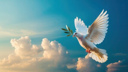 Obraz premium White dove flying with olive branch in bright sky, soft light and cloud background