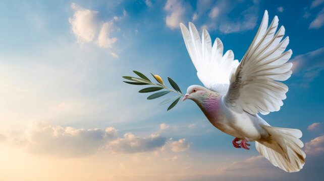 White dove flying with olive branch in bright sky, soft light and cloud background