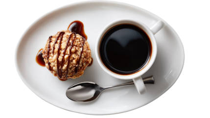Morning Ritual: Delightful pairing of coffee and a pastry, photographed in a studio, an invitation to a moment of self-indulgence and culinary harmony.