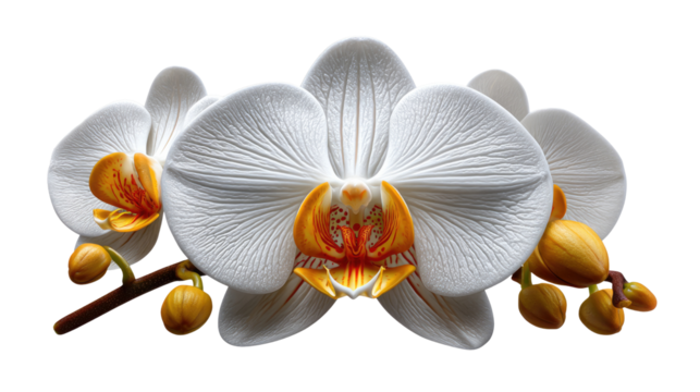 Orchid's Serenity: A close-up capture of an elegant orchid with pristine petals in full bloom, with a vibrant yellow heart, set against a bright backdrop, embodying purity and tranquility.