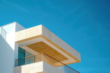 Modern white building with beige stone accents and wooden ceiling balcony under clear blue sky