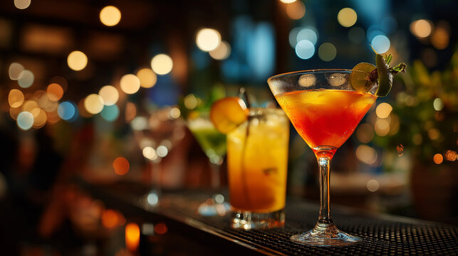 Cocktail Hour: A tantalizing trio of vibrant cocktails stands elegantly at a bar, illuminated by soft, warm lights.