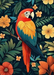 Fototapeta premium vibrant tropical parrot perched on a branch surrounded by lush green leaves and bright orange and yellow flowers in a detailed botanical scene