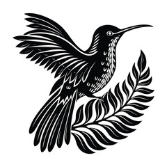 A sleek hummingbird silhouette, wings blurred in motion, hovering gracefully mid-air with its delicate beak poised, capturing the essence of speed and beauty in flight.

