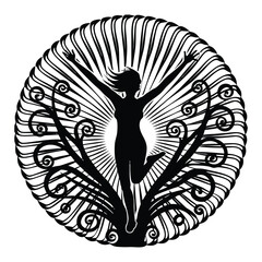 A joyful woman silhouette leaps with arms raised high, radiating pure happiness and energy, capturing a moment of celebration, freedom, and unstoppable positive vibes.
