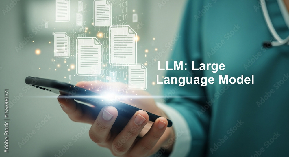 Aufkleber Person holding phone with llm large language model text and floating document icons overlayed