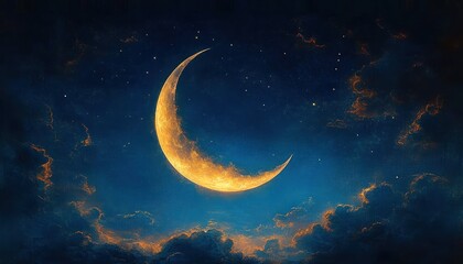 Fototapeta premium Golden crescent moon glowing warmly in a deep blue night sky surrounded by scattered stars and glowing clouds creating a mystical peaceful atmosphere