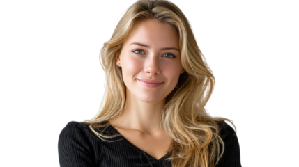 Confident Smile: A captivating headshot of a stunning woman with flowing blonde hair, emanating confidence and approachability. She's radiating positivity and poise.