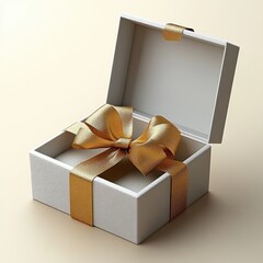 Empty open white gift box with textured golden ribbon and bow on beige background evoking anticipation and elegance