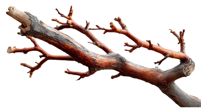 Rustic Tree Branch: A detailed close-up of a weathered, reddish-brown tree branch, showcasing its intricate texture, knots, and smaller branches extending outwards.