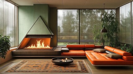 Modern living room with large orange sectional sofa, triangular open fireplace with burning fire, large windows with blinds showing outdoor trees, and green plants