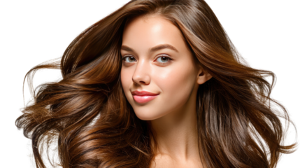 Radiant Beauty: A close-up shot of a youthful woman with flowing, shiny brown hair and a serene smile, radiating natural beauty and confidence.