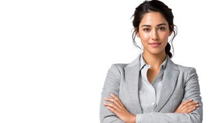 Confident Businesswoman: A portrait of a professional woman radiates confidence, intelligence, and poise in her business attire. She crosses her arms in a gesture of self-assuredness.
