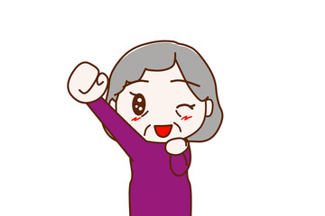 （上半身正面）やったーと片手をあげて笑顔でウインクする高齢の女性