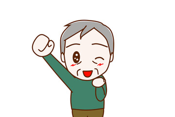 （上半身正面）やったーと片手をあげて笑顔でウインクする高齢の男性