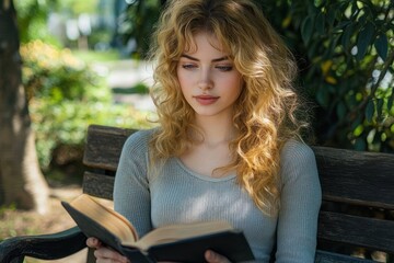 Obraz premium Young woman with curly blonde hair reading a book attentively while sitting on a wooden bench in a shaded outdoor garden area