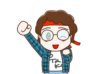（上半身正面）やったーと片手をあげて笑顔でウインクするメガネをかけたオタク