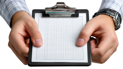 Hands Holding Clipboard: Close-up of hands holding a clipboard, a symbol of communication, management, and organization, perfect for adding to various projects.