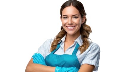 Professional Cleaner Portrait: Cheerful woman wearing gloves and apron presents an image of cleanliness and professionalism.