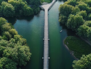 Aerial view of a Y-shaped wooden bridge crossing calm green water surrounded by dense green trees with a lone small boat nearby