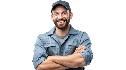 Obraz premium Smiling Mechanic: A skilled mechanic, confident in his profession, poses with arms crossed, radiating competence. His friendly smile and focused gaze reflect a deep commitment to his work.