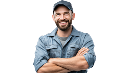 Smiling Mechanic: A skilled mechanic, confident in his profession, poses with arms crossed, radiating competence. His friendly smile and focused gaze reflect a deep commitment to his work.