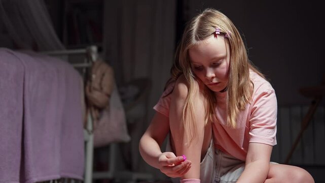 Young Caucasian girl sits alone on floor of room in the evening quietly playing with modeling clay. Slowmo of teenager molding toy dough concentrated on creative pastime. Design handmade sculptures