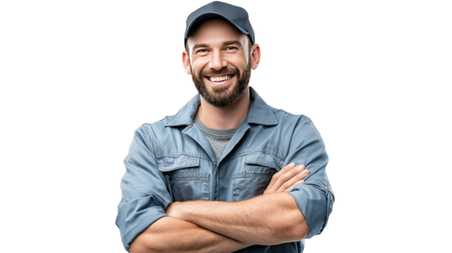 Smiling Mechanic: A skilled mechanic, confident in his profession, poses with arms crossed, radiating competence. His friendly smile and focused gaze reflect a deep commitment to his work.