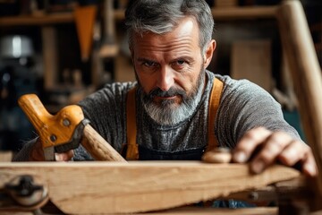 Focused middle-aged craftsman with gray hair and beard working carefully on wooden furniture in workshop
