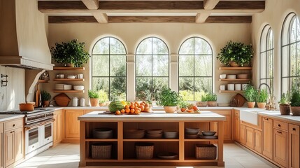 Bright spacious kitchen with large arched windows overlooking greenery, wooden cabinets, central island with fresh fruits and vegetables, and potted plants, creating a warm and inviting atmosphere