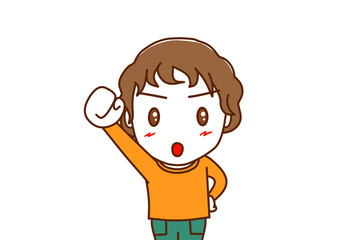 （上半身正面）気合を入れた顔でエイエイオーと右手をあげる白人少年