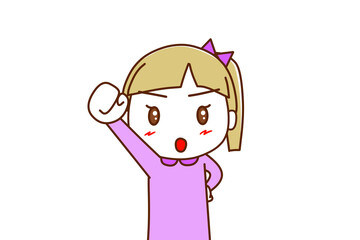 （上半身正面）気合を入れた顔でエイエイオーと右手をあげる白人少女