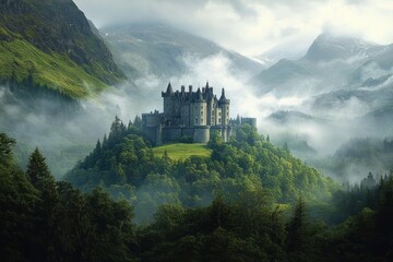 ancient stone castle perched atop a lush green hill surrounded by dense forest and misty mountains under cloudy sky