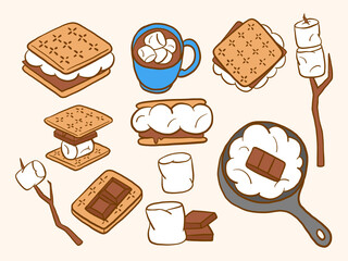 Cute Campfire S’mores And Marshmallow. A playful cartoon collection of s’mores treats marshmallows chocolate and cozy camp snacks in hand drawn style. Perfect for dessert icons and warm outdoor themes