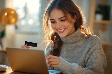 Young woman smiling and holding a credit card while shopping online on a laptop in a cozy warmly lit room