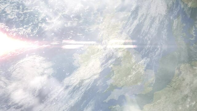 Earth zoom in from space and focus on Newry, Northern Ireland, Down, Great Britain. Background for travel intro or blog. Satellite view. 3D style Animation. Images from NASA.