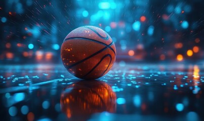 single basketball on a wet court with glowing blue and orange lights reflecting and creating a dynamic, electric atmosphere