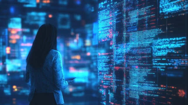 Woman observing digital code - Powered by Adobe