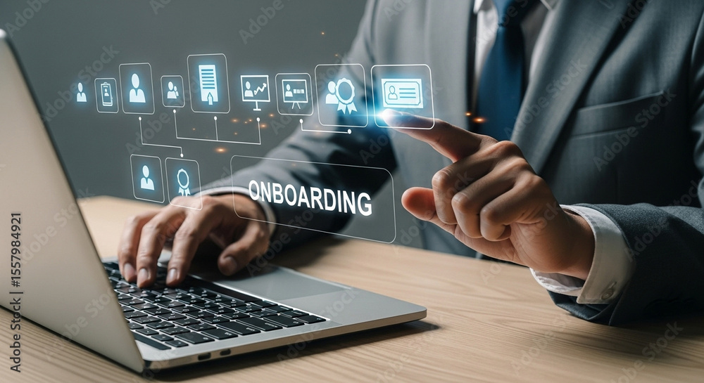 Poster A person in a suit using a laptop with an onboarding graphic overlay and touching the screen