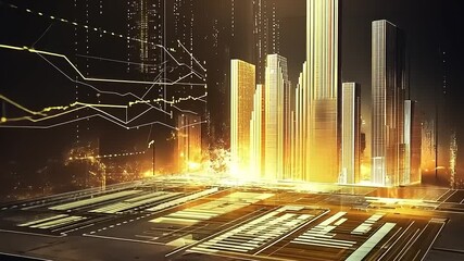 Futuristic cityscape with glowing skyscrapers and digital data overlay showcasing urban growth - Powered by Adobe