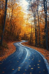 Winding asphalt road through vibrant autumn forest with golden and orange leaves on trees and scattered on the ground, creating a peaceful and serene atmosphere