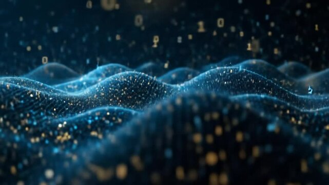 Abstract digital landscape with data flow and binary code visualization concept
