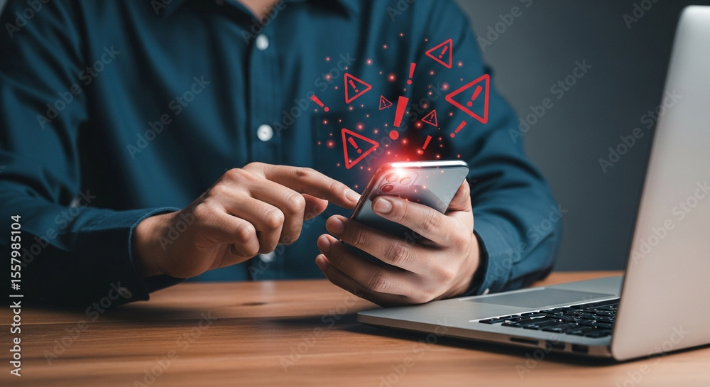 Poster person using a smartphone with red warning icons and a laptop on a wooden desk surface near the phon