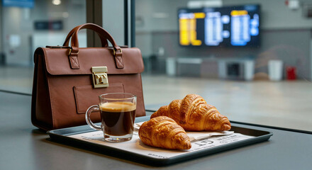 Breakfast with coffee and croissants on tray at airport terminal  