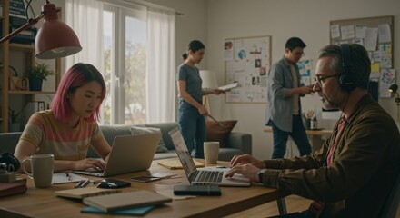 Obraz premium People working on laptops and documents in a bright open office space with natural lighting