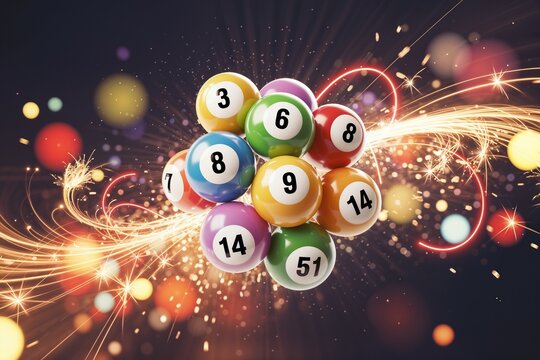Colorful lottery balls floating midair with fireworks and sparkles, capturing excitement and chance of lottery draw.